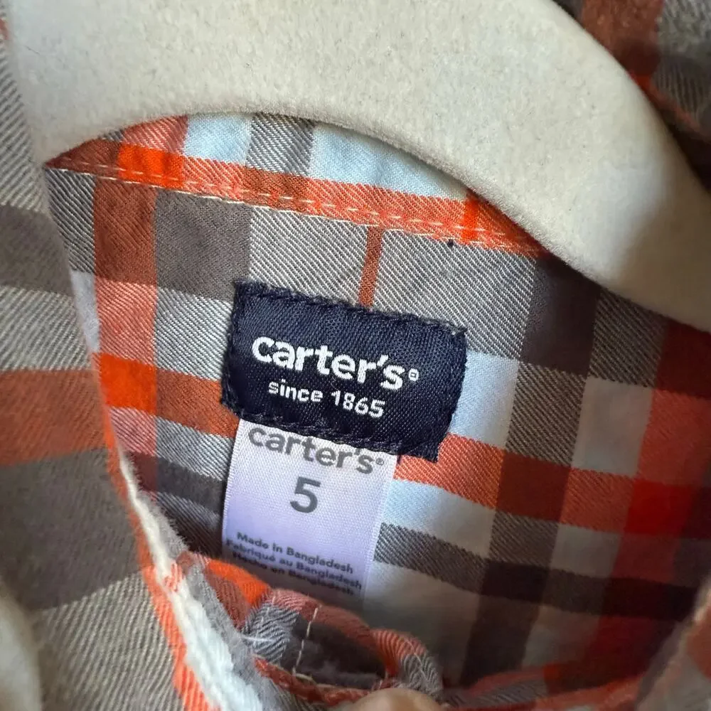 Carter's Boys Shirt Sz 5 Blue‎ Gray White Red Long Sleeve Plaid Buttons Flannel